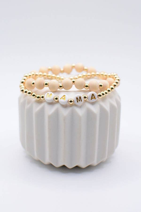 MAMA Word Bead Bracelet Set – Mothers gift, wood and gold
