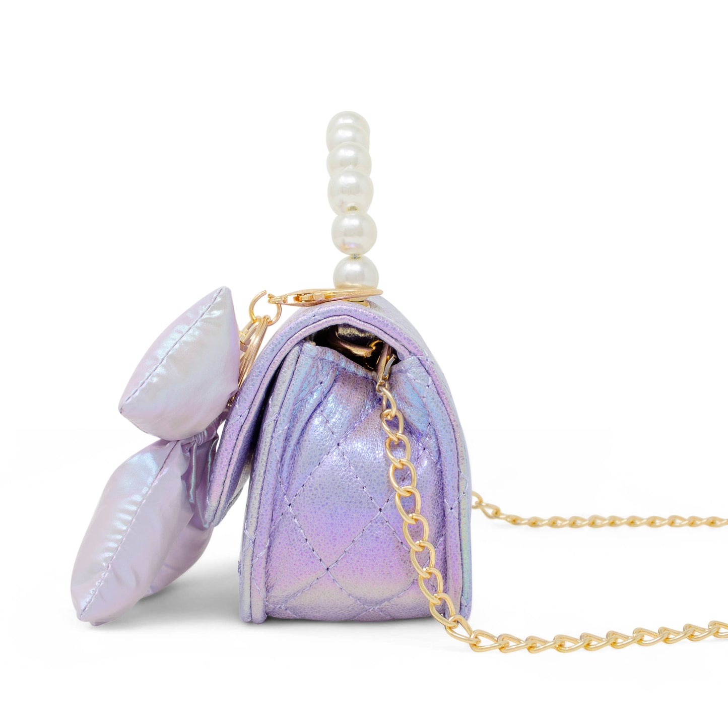 Girls Shiny Quilted Fluffy Bow Handbag: Purple