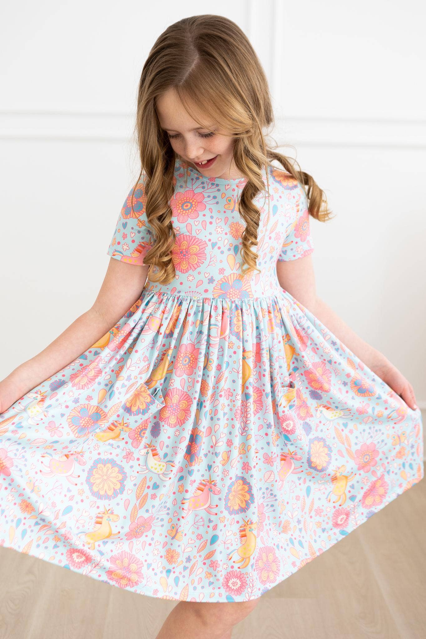 Blue and Pink Retro Unicorns Girls Pocket Twirl Dress