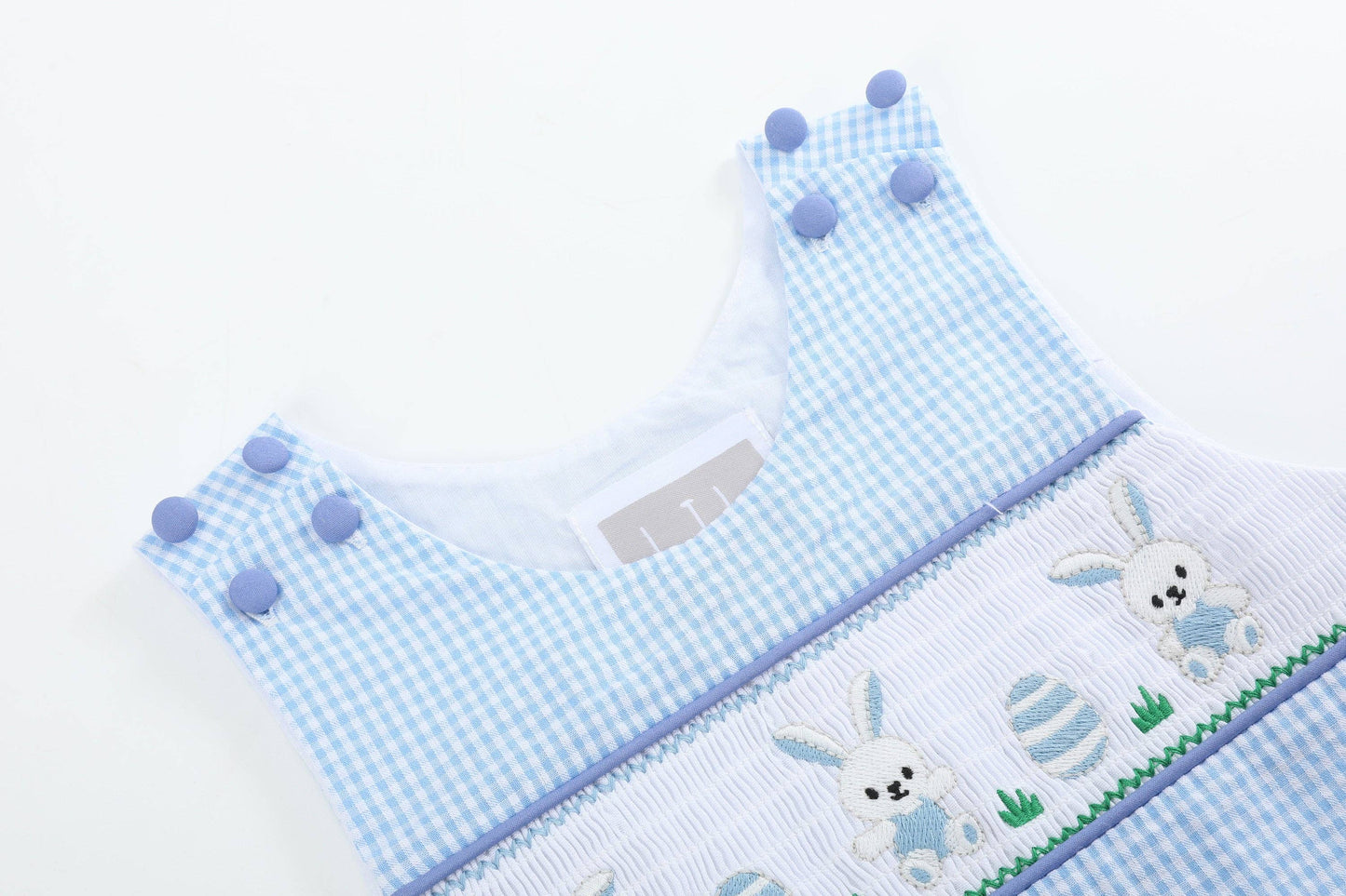 Light Blue Gingham Easter Egg and Bunnies Smocked Boys Overall