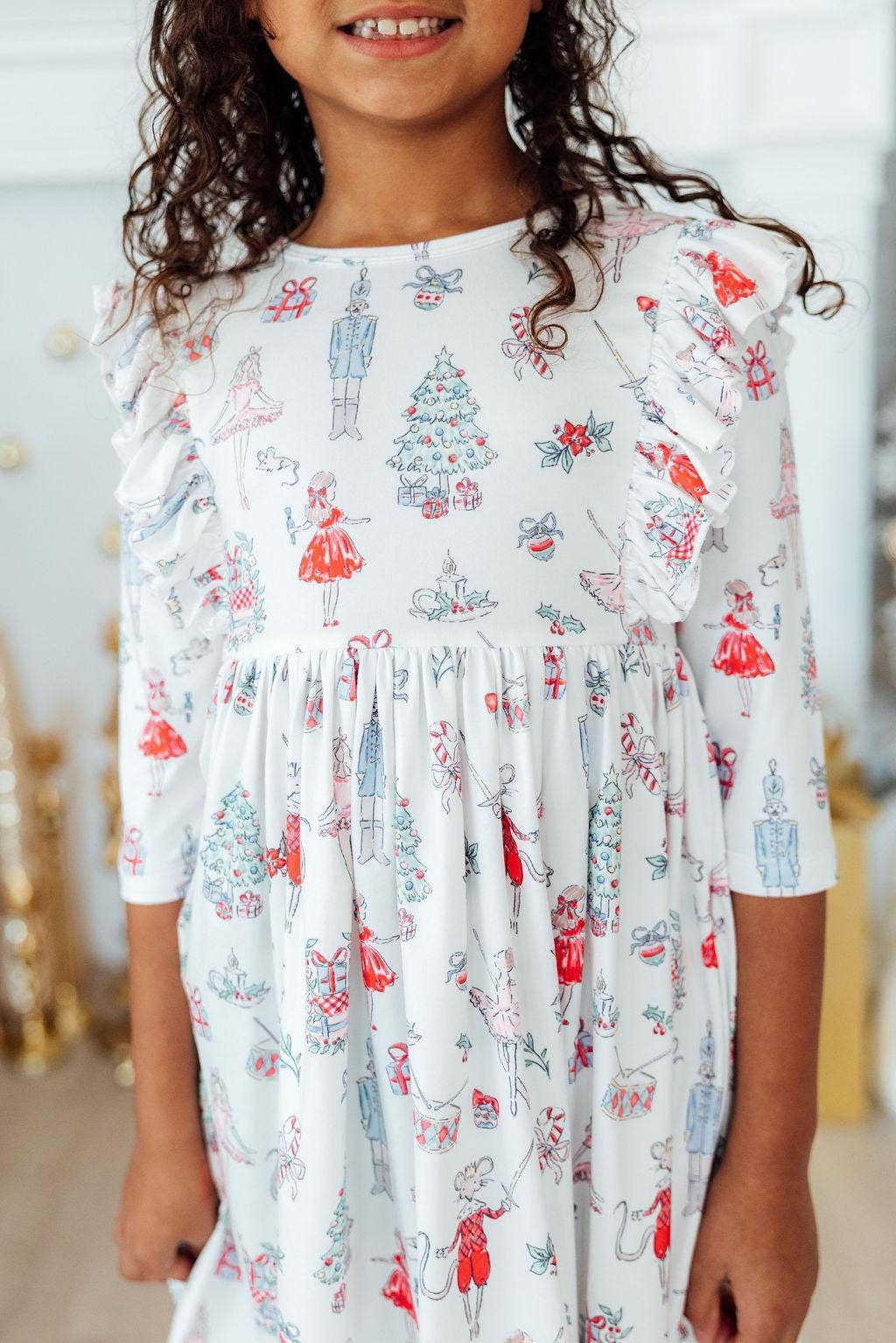 Clara's Christmas 3/4 Sleeve Ruffle Twirl Dress White