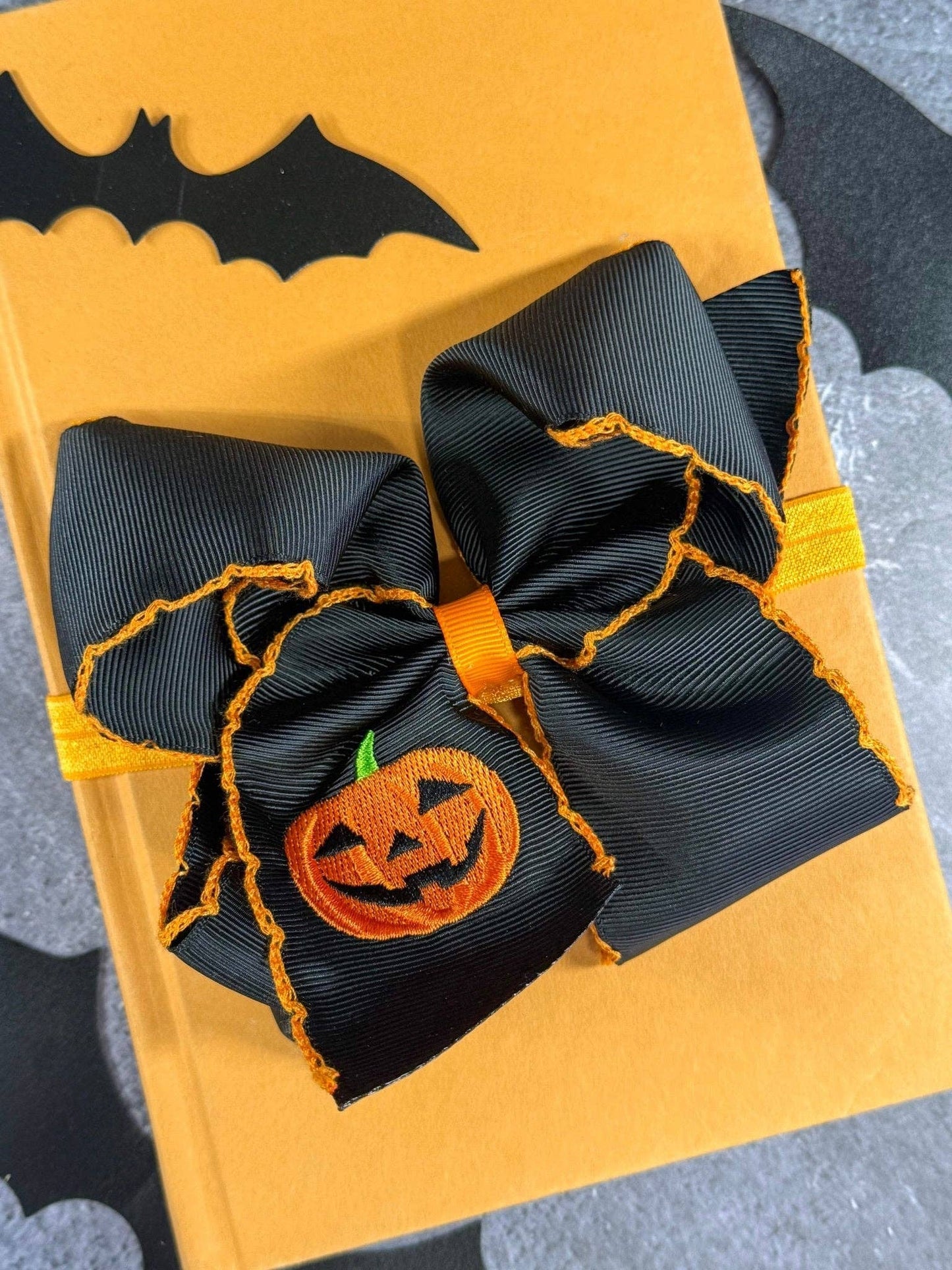 Jack-o-Lantern Embroidered Moonstitch Girls Hair Bow