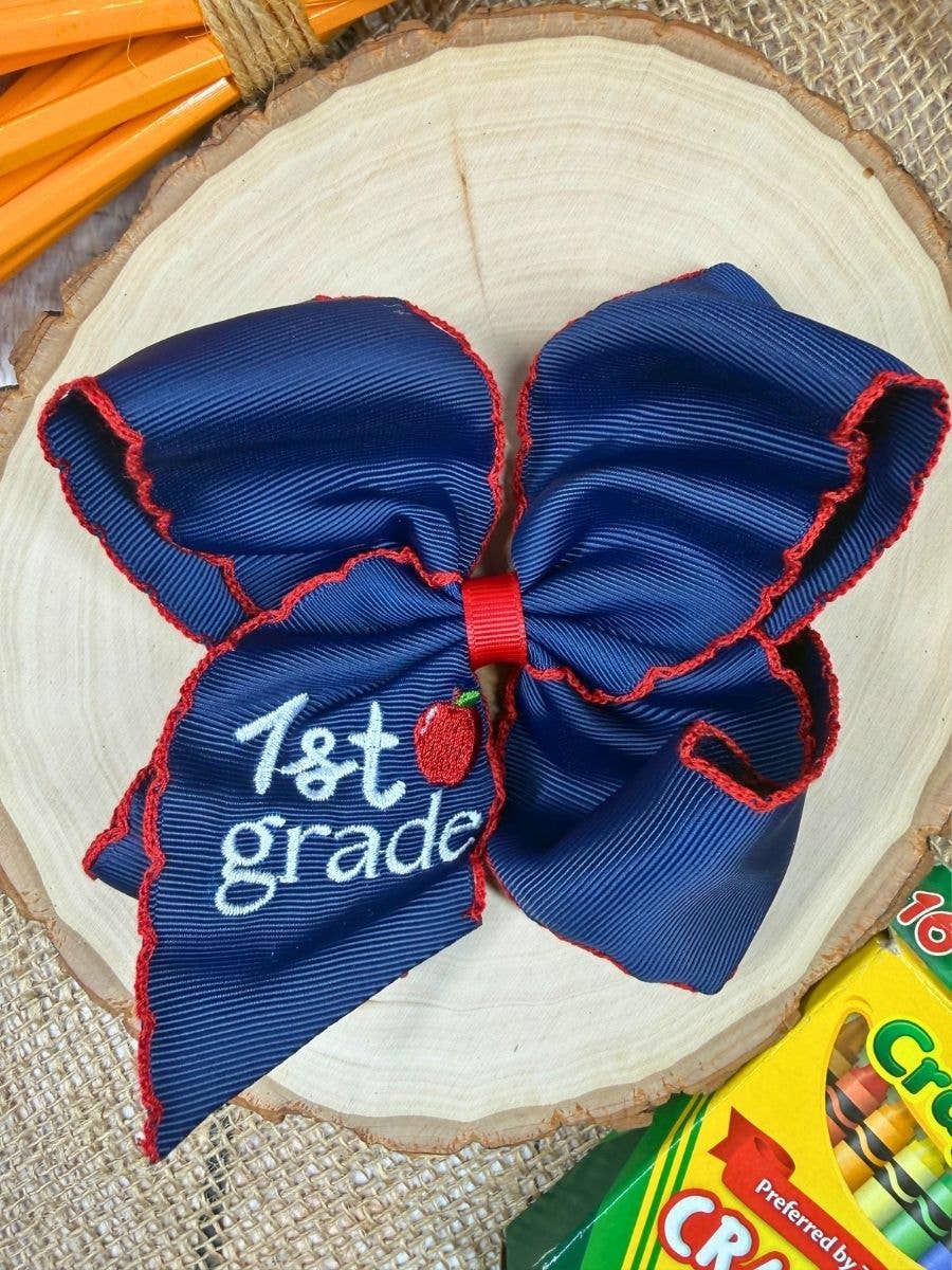 Navy Pre-K School Grade Embroidered Apple Moonstitch Hair Bow: Pre-K