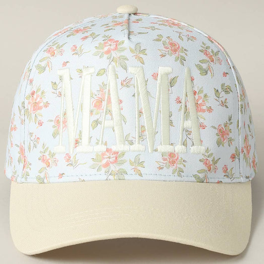 MAMA Women's Embroidered Flower Pattern Trucker Hat: Blue & Beige