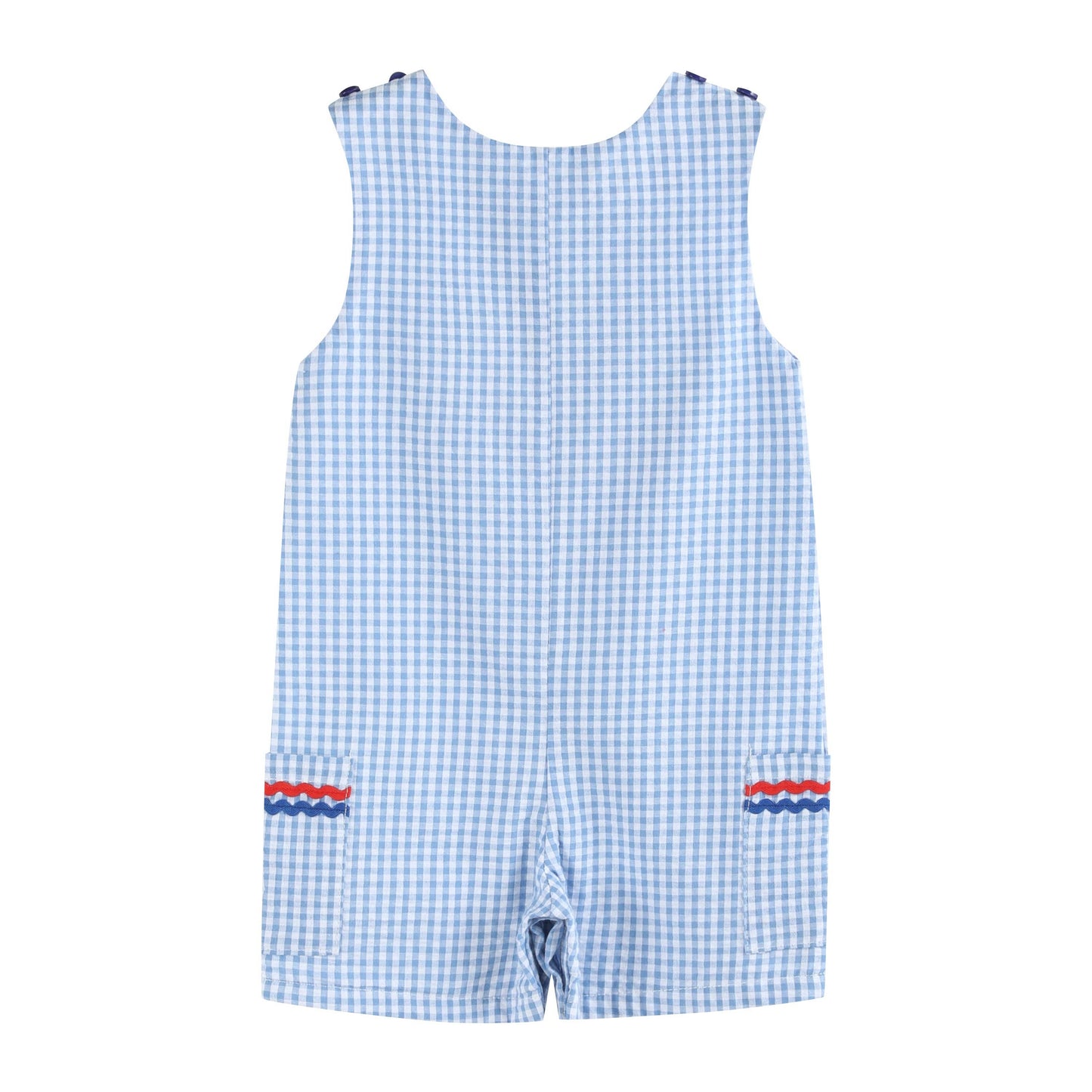 Blue Gingham American Flag Boys Pocket Shortalls