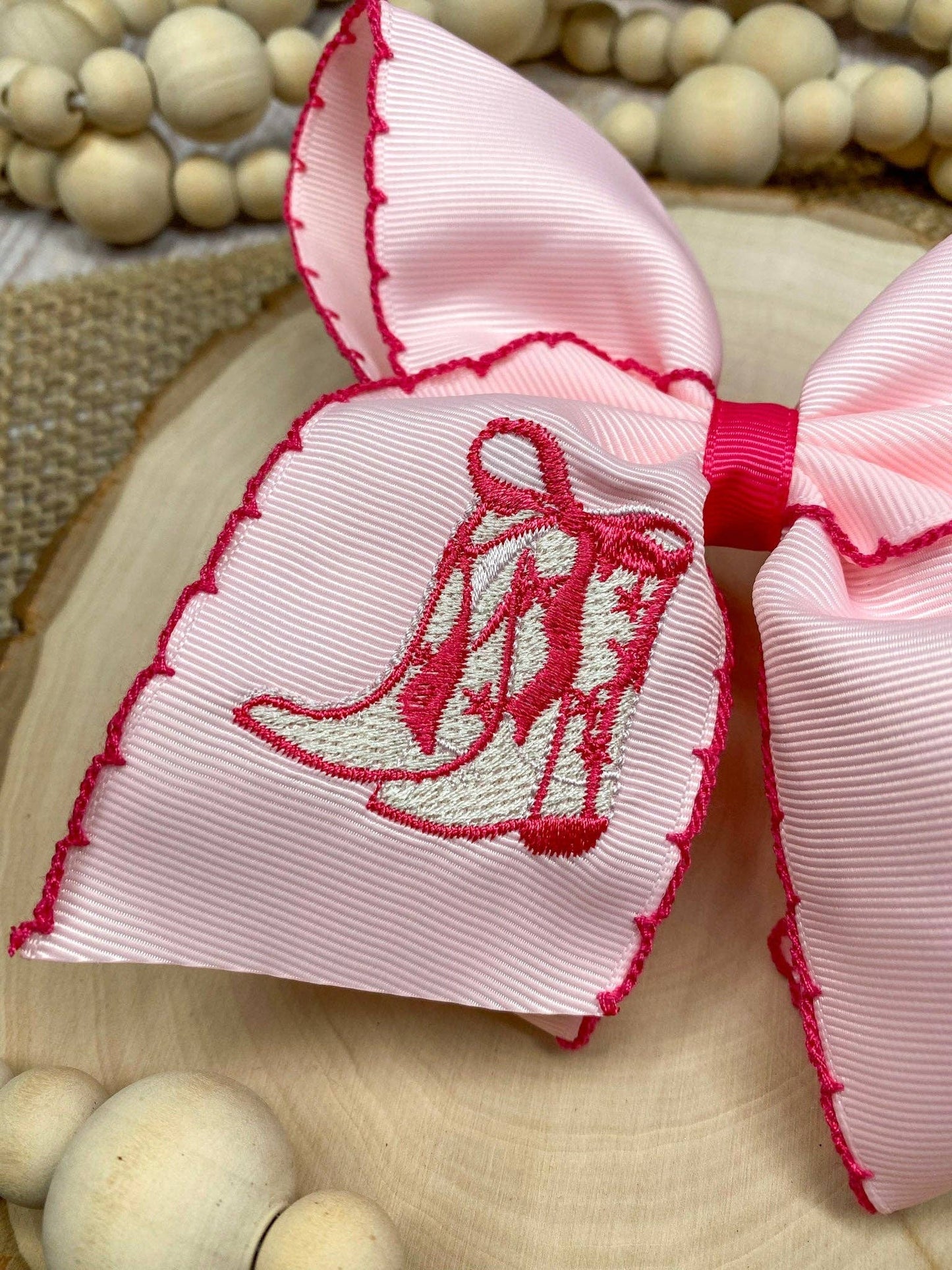 Girls Pink Western Boots Embroidered Moonstitch Hairbow