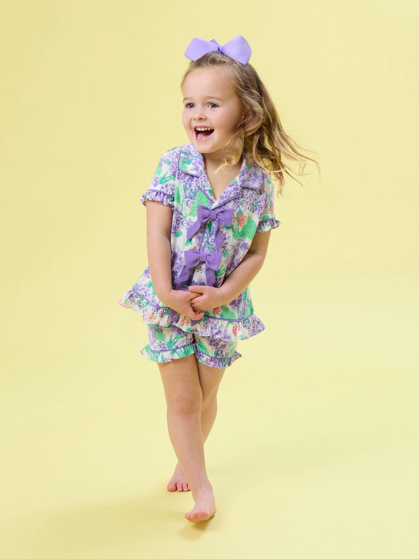 SoftSnooze™ Girls Purple Hydrangea Garden Short Sleeve Bow Ruffle Pajama Set