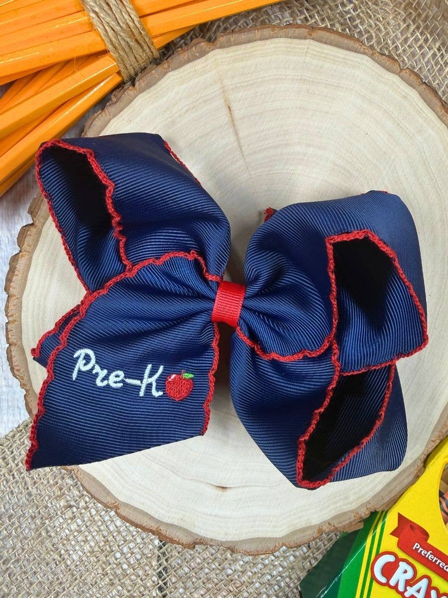 Navy Kinder Grade Embroidered Apple Moonstitch Hair Bow: Kindergarten