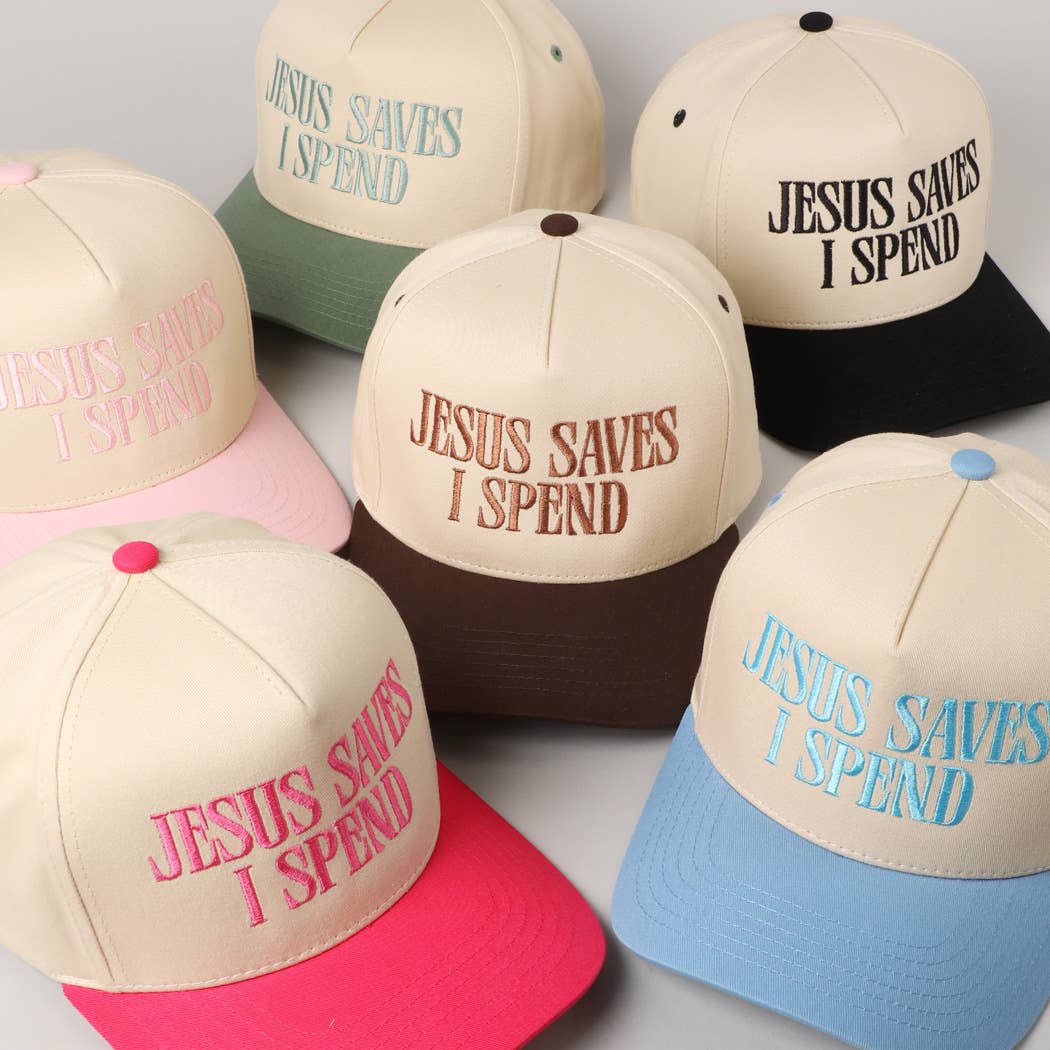JESUS SAVES I SPEND Women's Embroidery Trucker Hat: Sage Green