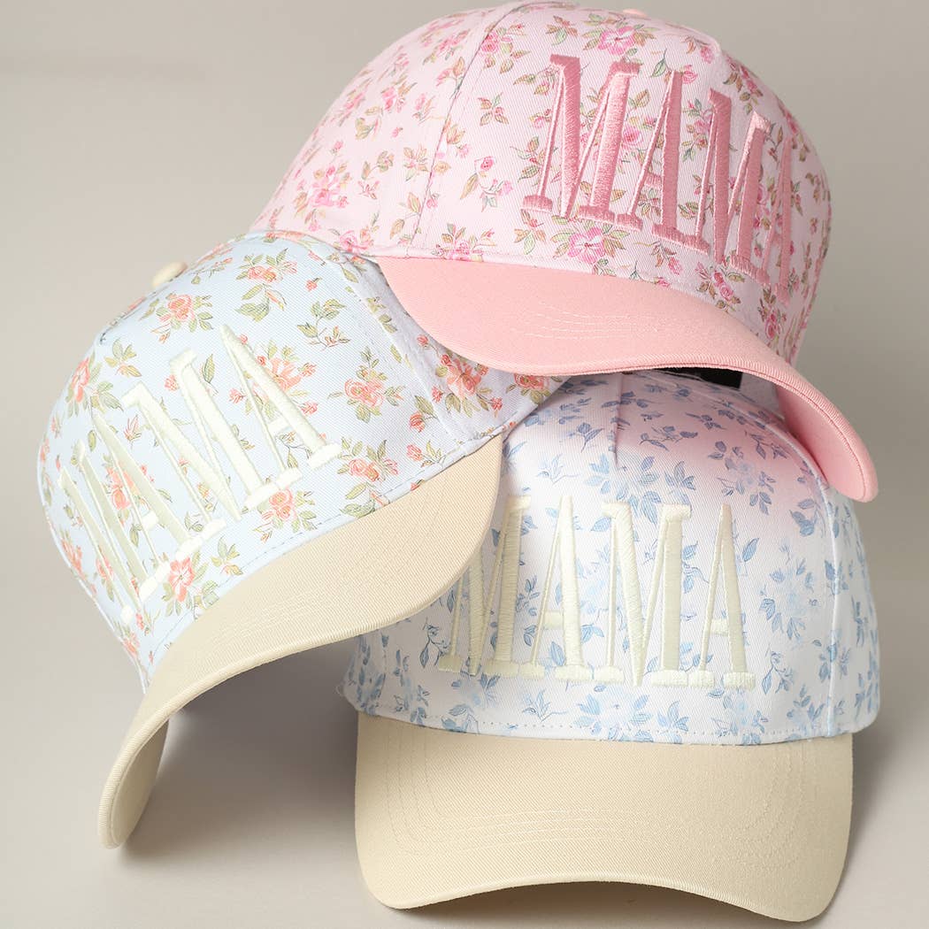 MAMA Women's Embroidered Flower Pattern Trucker Hat: Blue & Beige