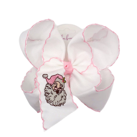 Pink Santa Embroidered Moonstitch Bow: 5.5 inch