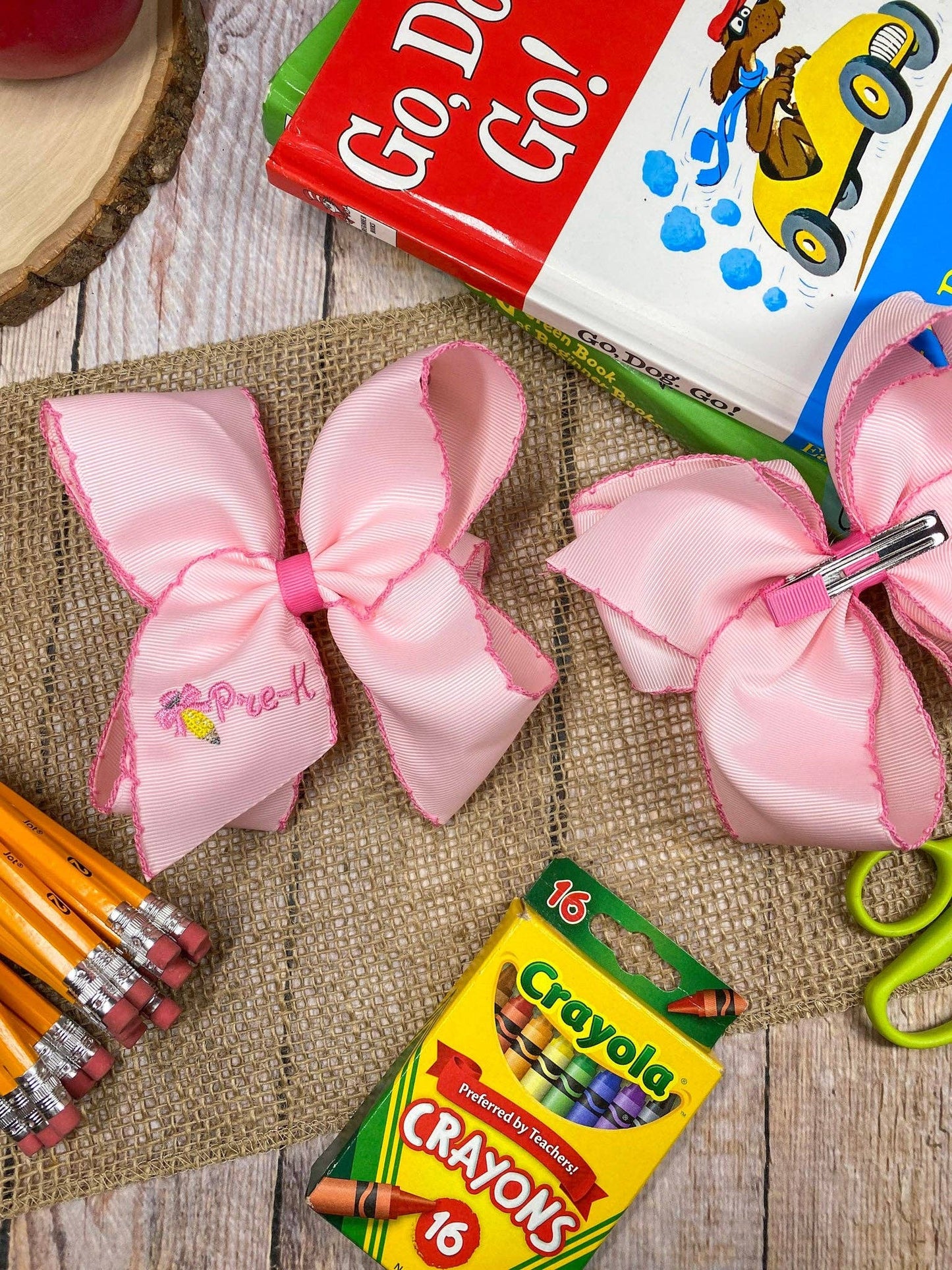 Pink First Grade Embroidered Moonstitch Hair Bow: 1st Grade