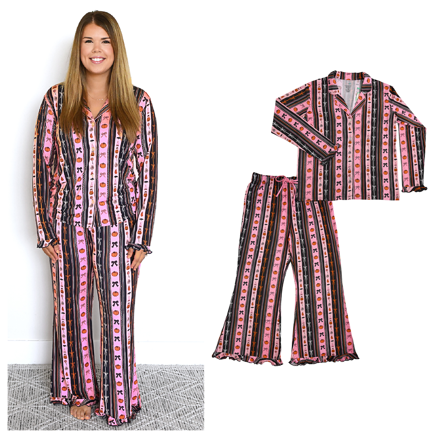Women's Ruffle Bamboo Halloween Pumpkins Lounge Set
