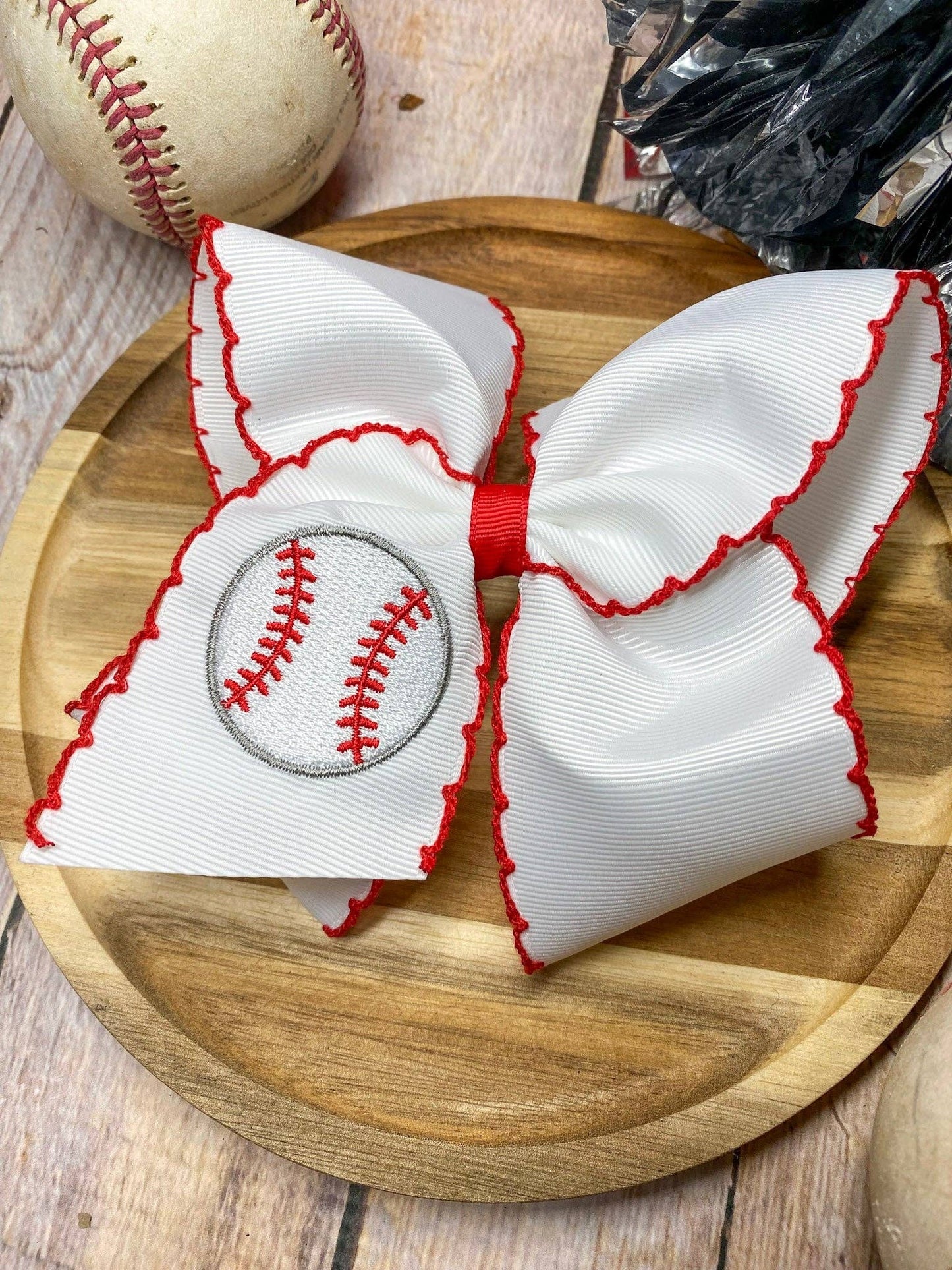 Baseball Moonstitch Embroidered Girls Hair Bow