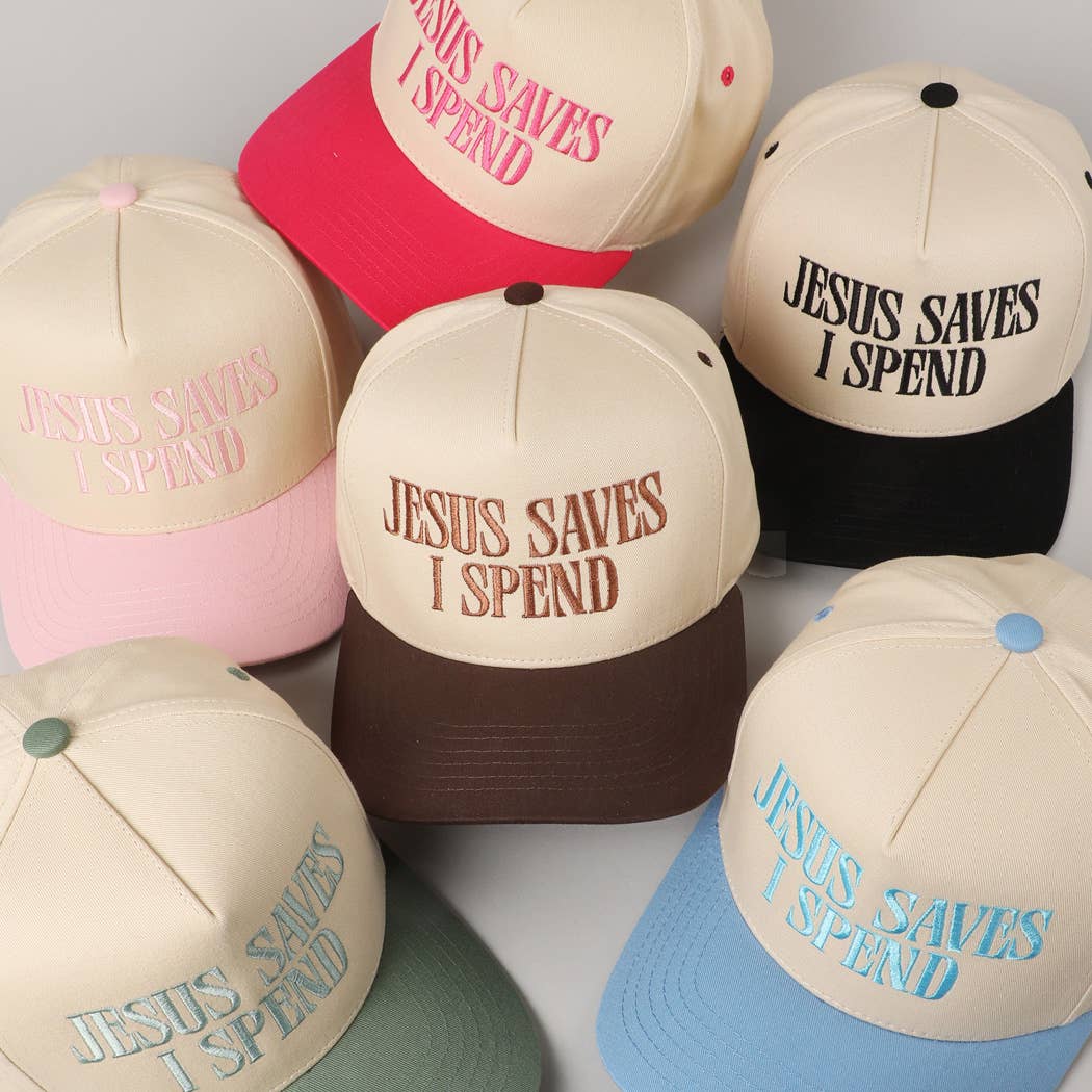 JESUS SAVES I SPEND Women's Embroidery Trucker Hat: Sage Green