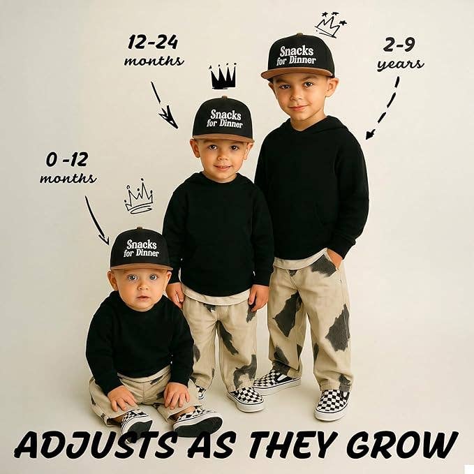 Kids Flat Brim Snacks For Dinner Hat- Black/Faux Leather