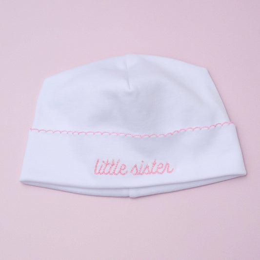 Little Sister Embroidered in Pink Baby Hat