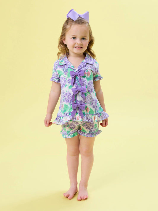 SoftSnooze™ Girls Purple Hydrangea Garden Short Sleeve Bow Ruffle Pajama Set