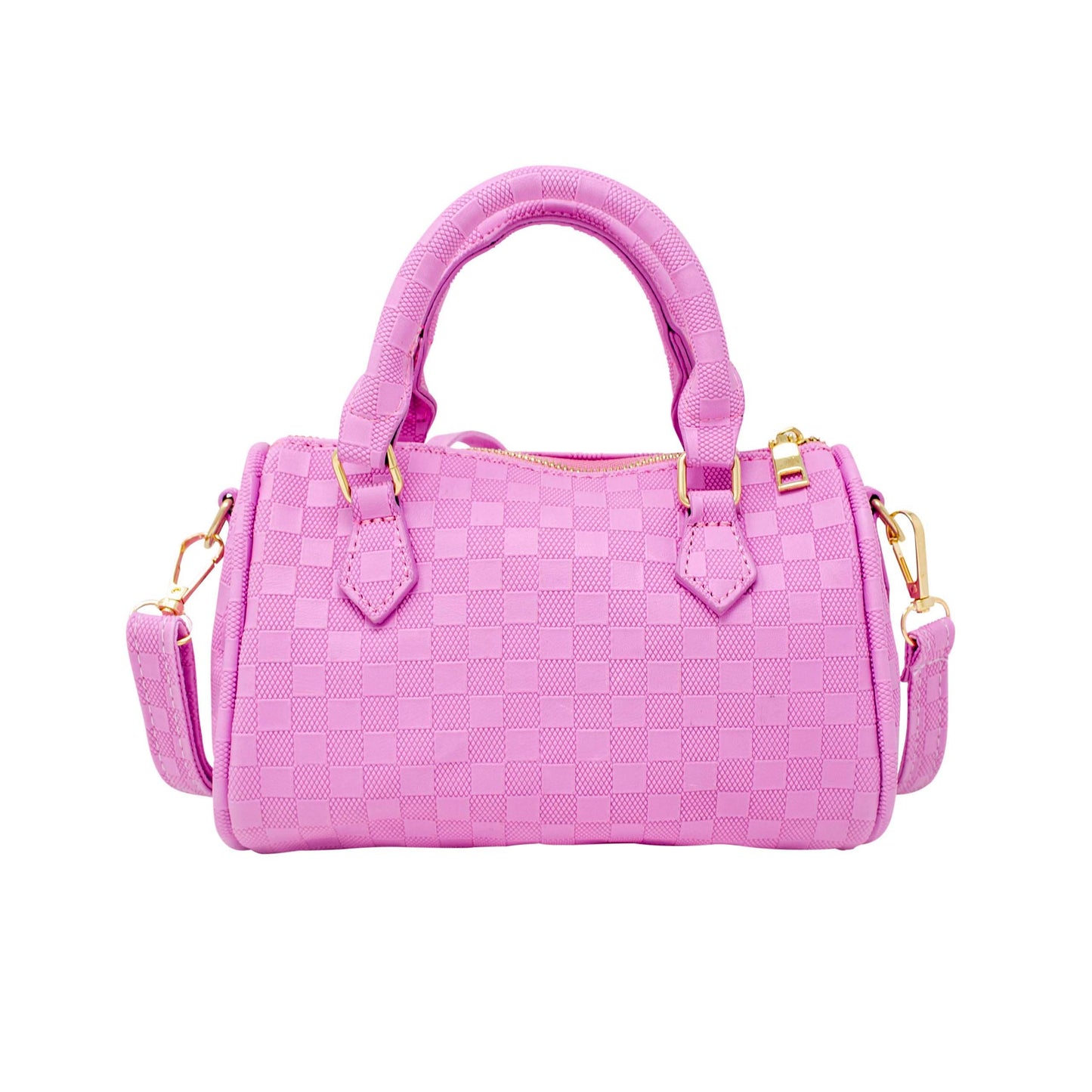 Girls Checkered Canvas Duffle Handbag: Lavender/Pink