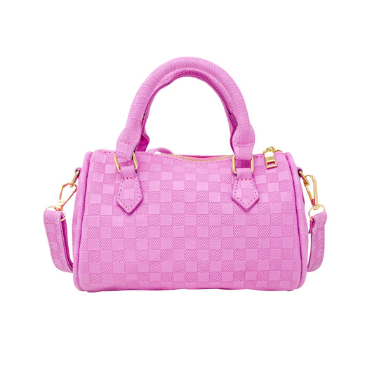 Girls Checkered Canvas Duffle Handbag: Lavender/Pink