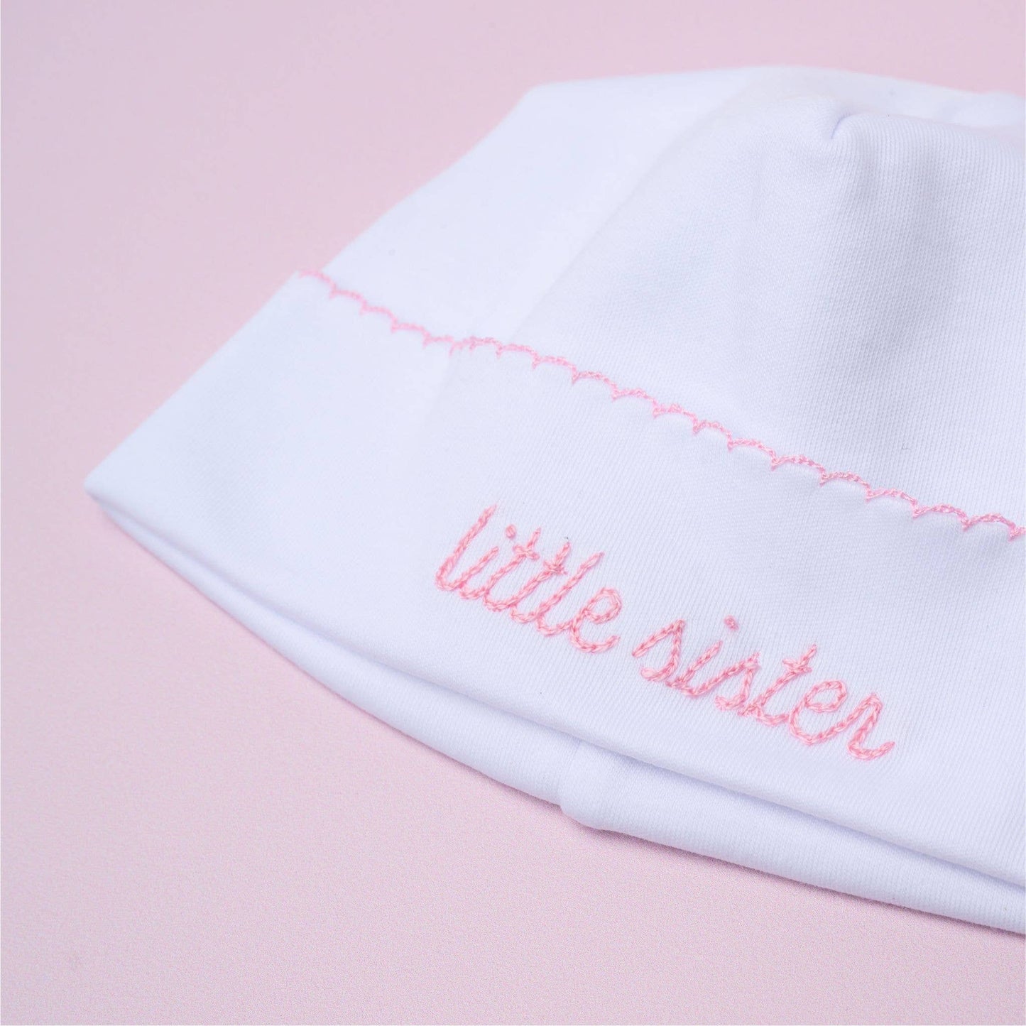 Little Sister Embroidered in Pink Baby Hat