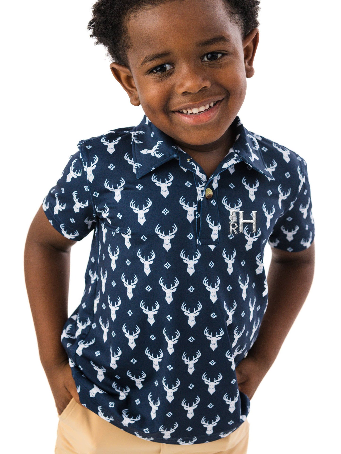 Boys Little Deer Lodge Knit Short Sleeve Navy Performance Polo