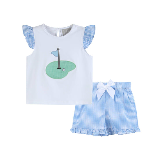 Girls Light Blue Gingham Golf Tee and Short Set