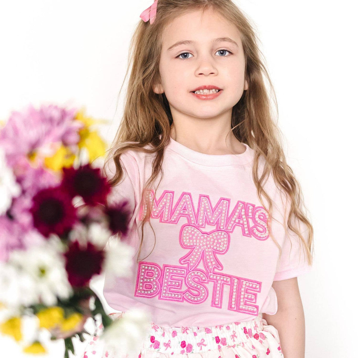 Mama's Bestie Pearl Patch Short Sleeve T-Shirt -Mother's Day: 12-18M