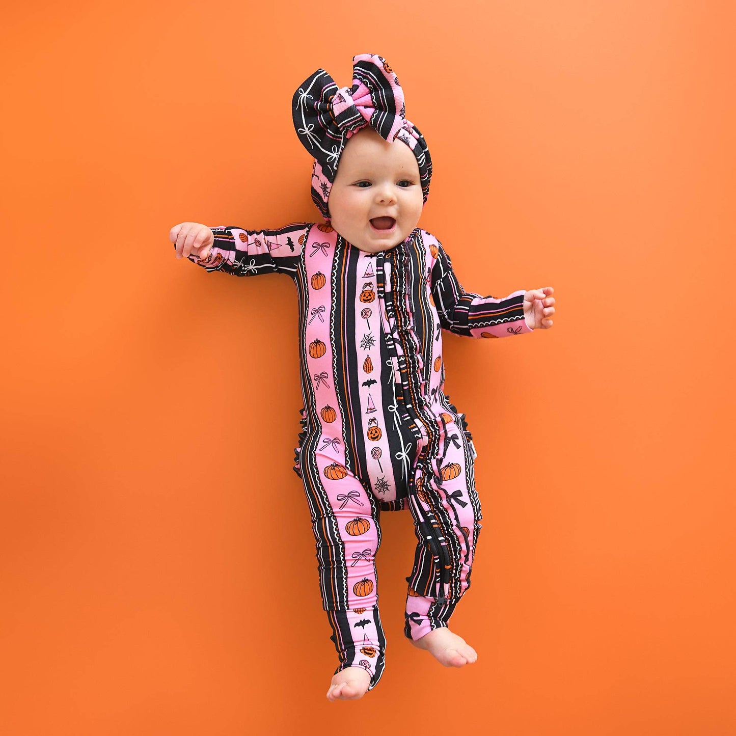 Ruffle Zippy Bamboo Halloween Pumpkins Baby Pajamas