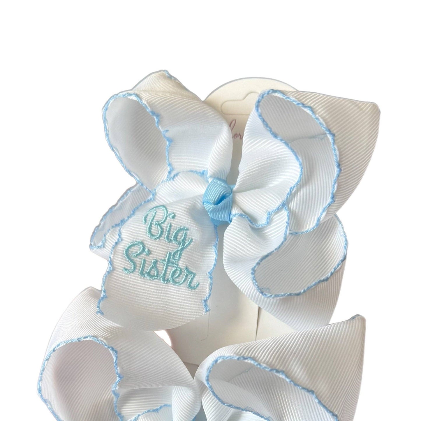 Big Sister Embroidered Moonstitch Hair Bow: Blue / 5.5 inch