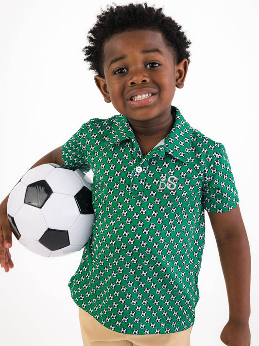 Boys Soccer Mania Knit Short Sleeve Green Performance Polo