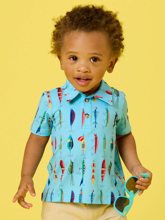 Boys Gone Fishin Knit Short Sleeve Blue Performance Polo