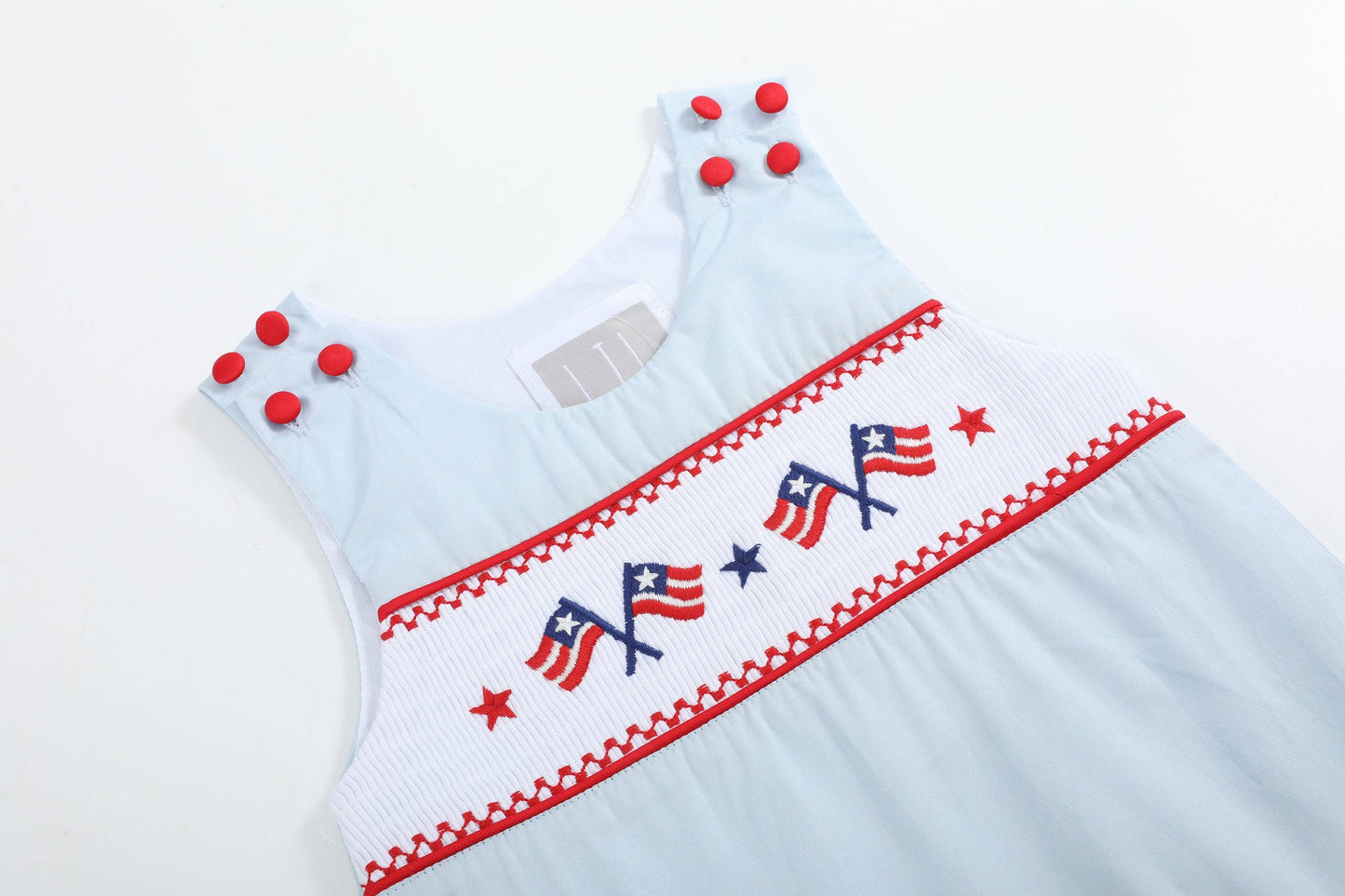 Light Blue USA Flag Smocked Boys Shortalls