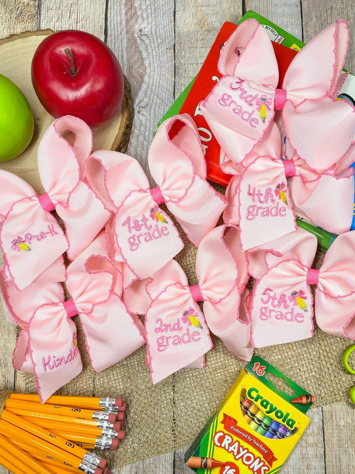 Pink Pre-K School Grade Embroidered Moonstitch Hair Bow: Pre-K