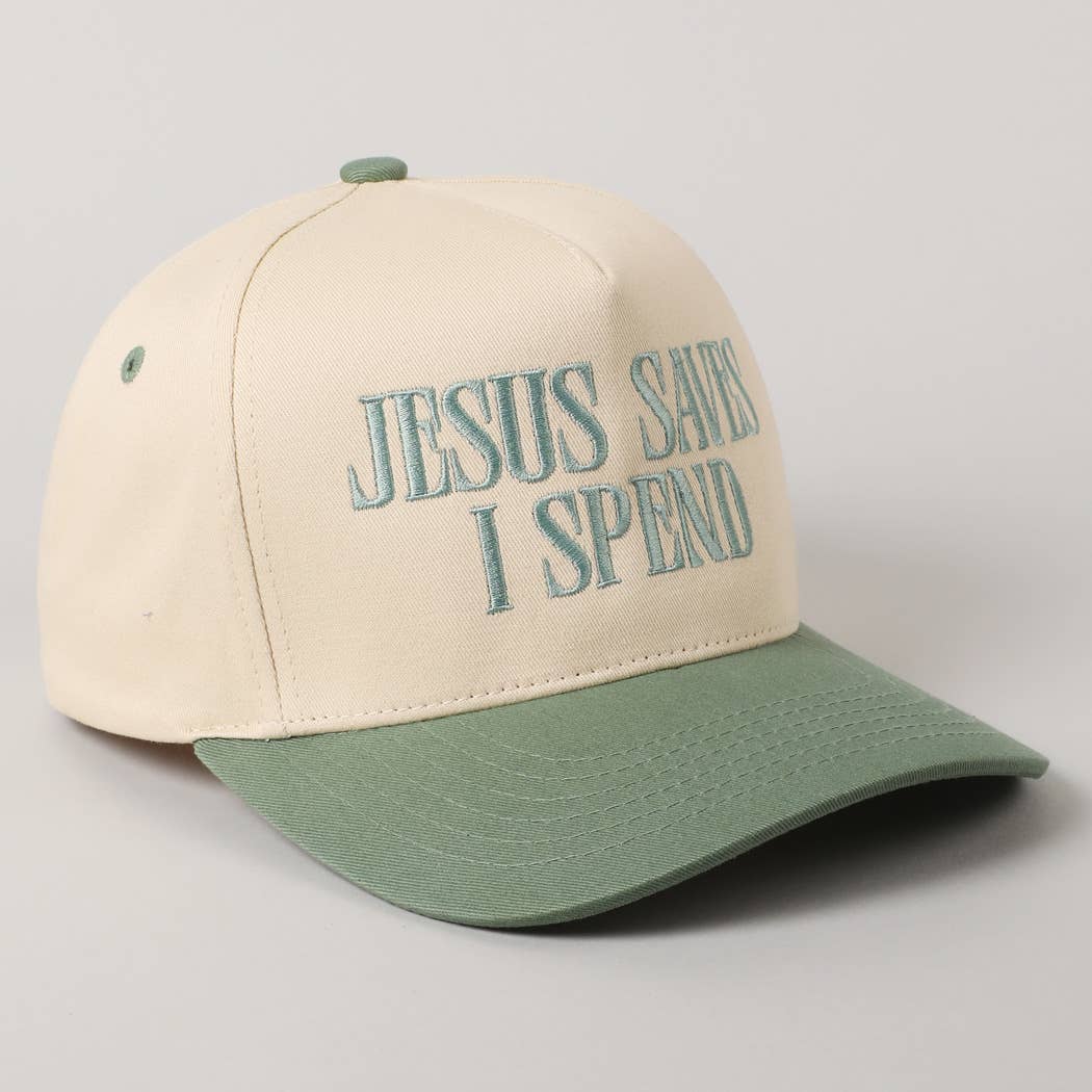 JESUS SAVES I SPEND Women's Embroidery Trucker Hat: Sage Green
