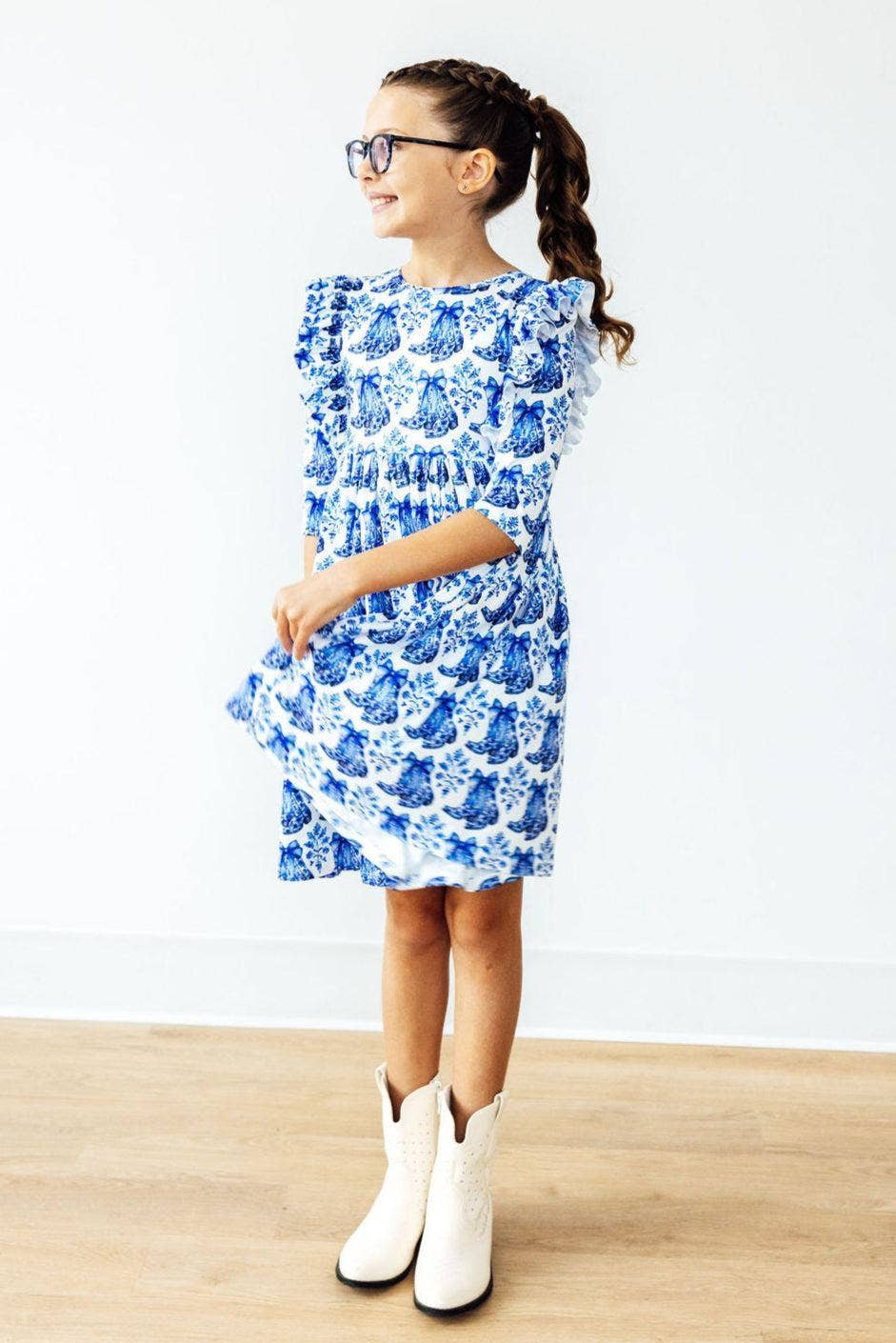 Blue Southern Belle 3/4 Sleeve Ruffle Girls Twirl Dress