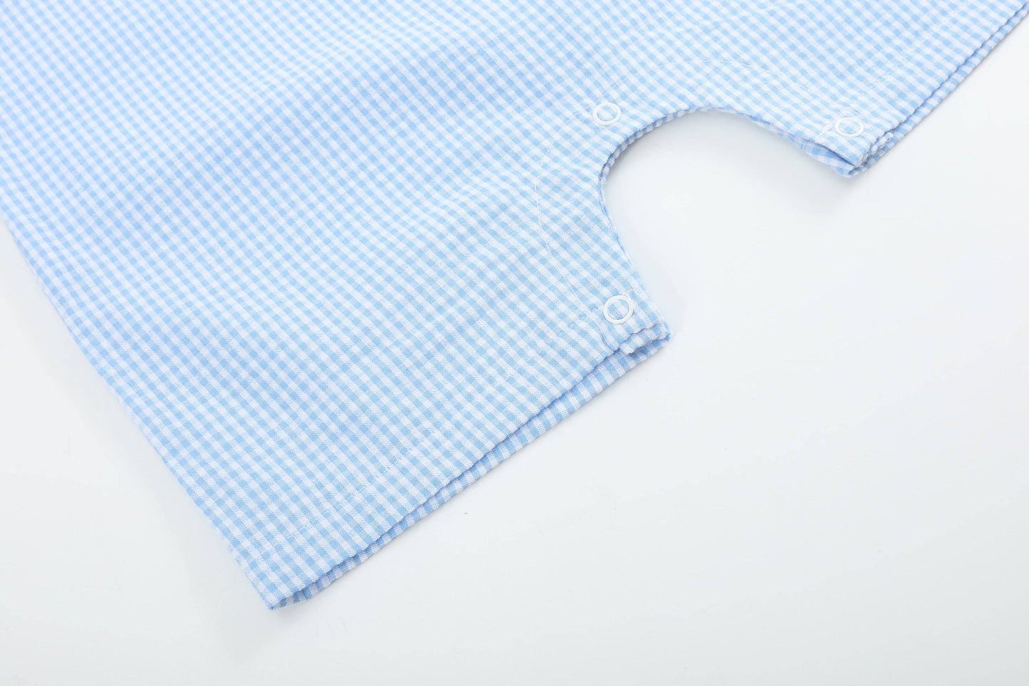 Light Blue Gingham Easter Egg and Bunnies Smocked Boys Overall