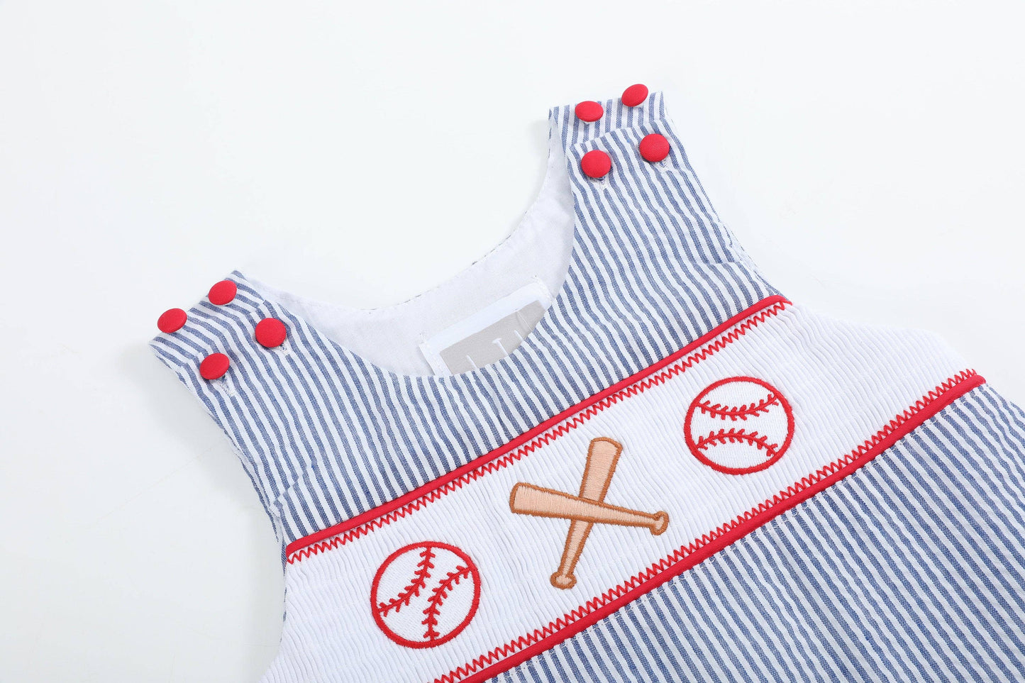 Boys Blue Seersucker Baseball Smocked Shortalls
