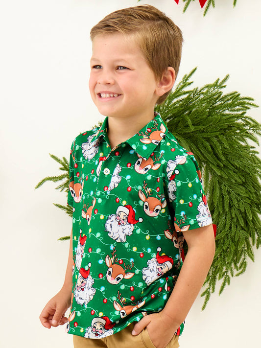 Up On The Housetop Christmas Boys Knit Short Sleeve Performance Polo: Green