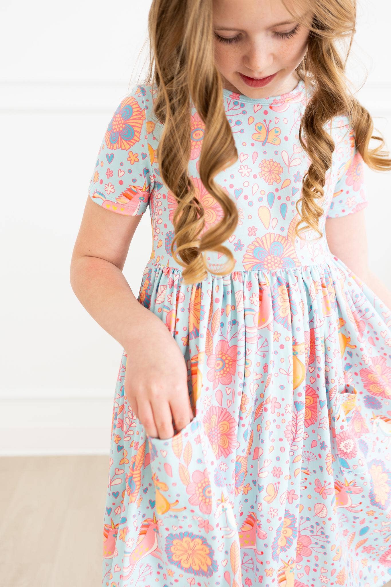 Blue and Pink Retro Unicorns Girls Pocket Twirl Dress