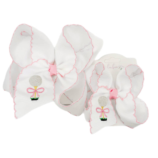 Pink Golf Ball & Tee Embroidered Hair Bow: 5.5 inch