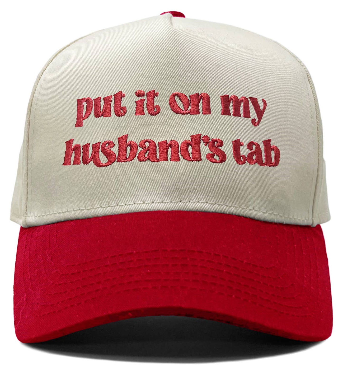 Put It on My Husbands Tab Hat- Beige/Red