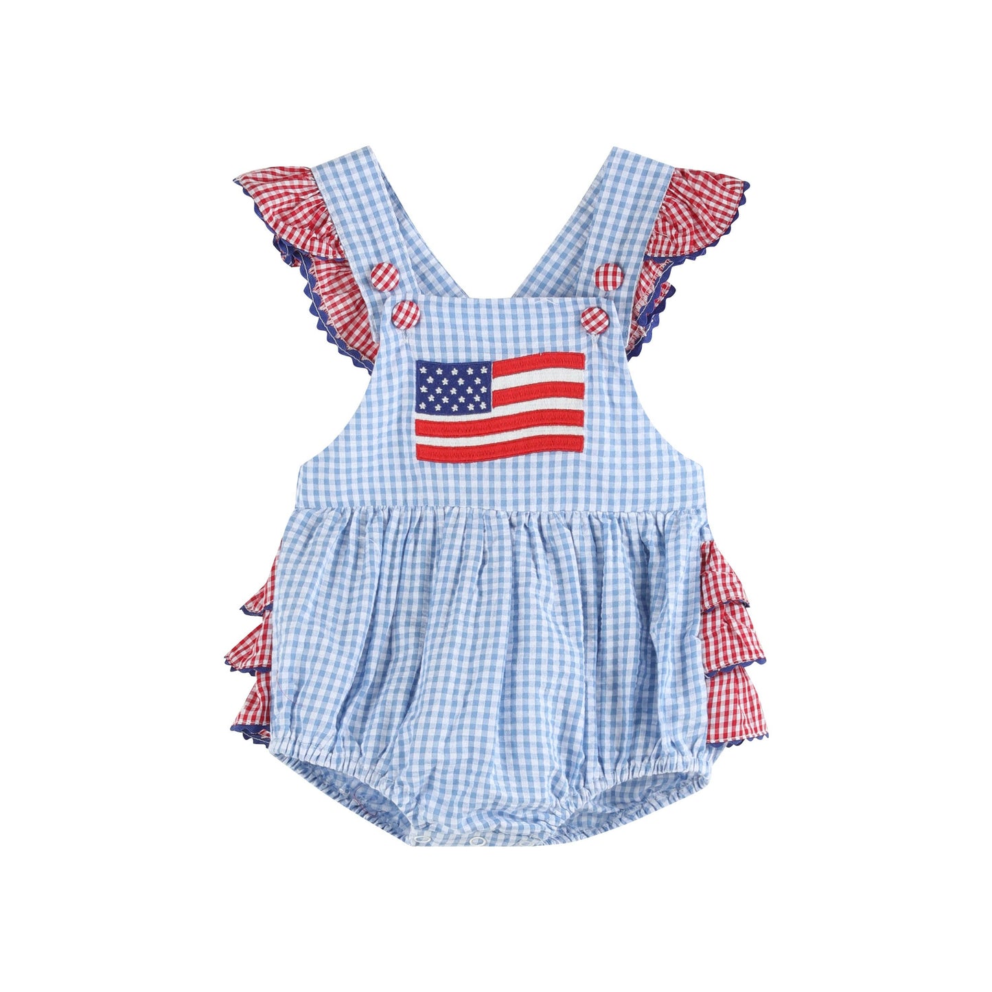 Light Blue and Red Gingham USA Flag Ruffled Romper