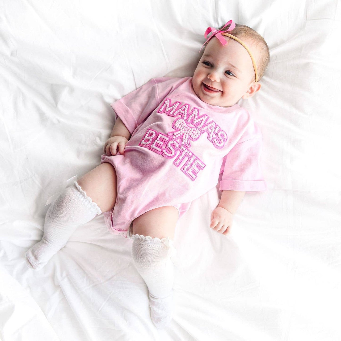 Mama's Bestie Pearl Patch Short Sleeve Baby Romper