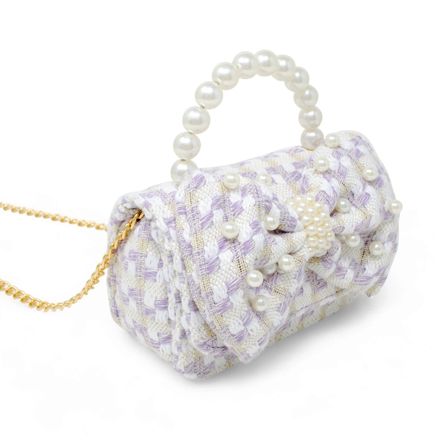 Girls Tweed Jumbo Pearl Bow Handbag: Purple