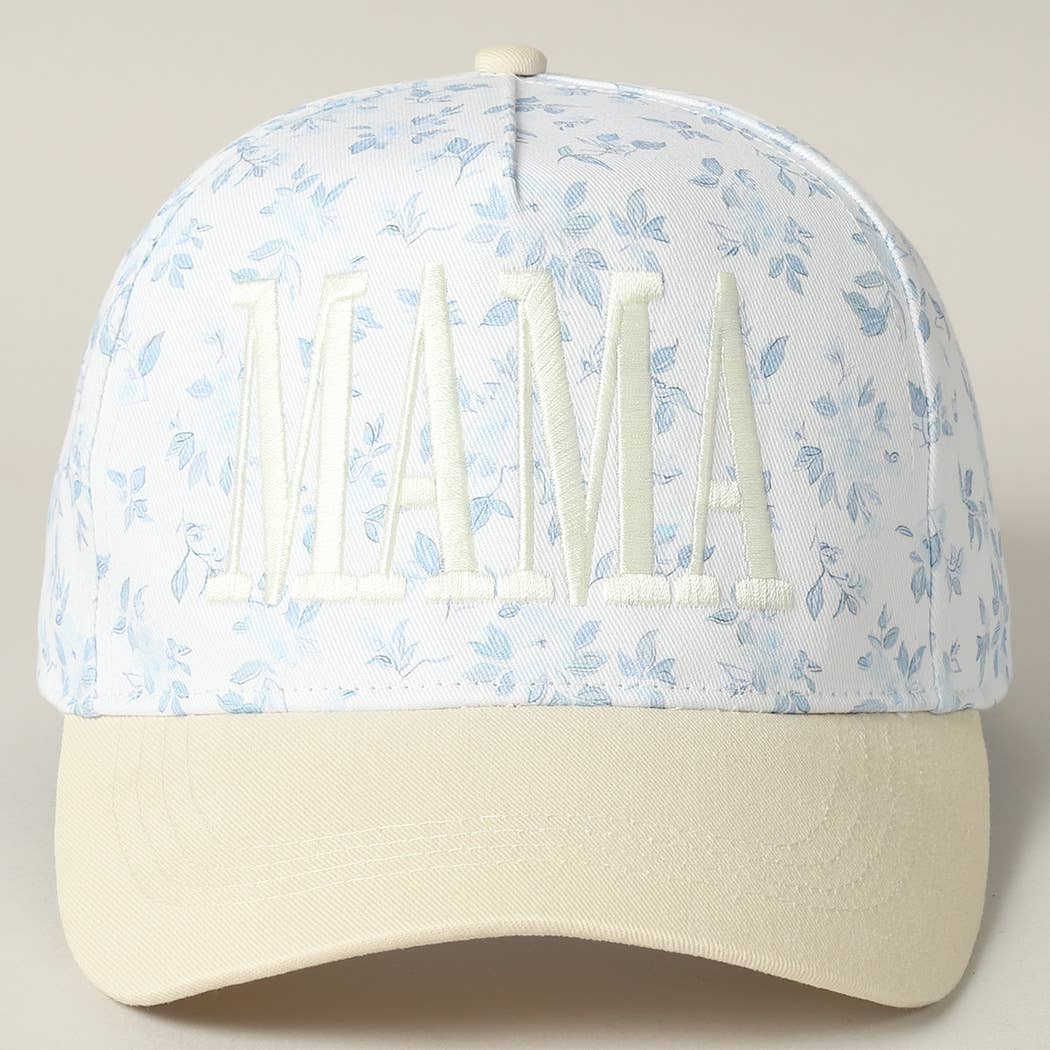 MAMA Women's Embroidered Flower Pattern Trucker Hat: Blue & Beige