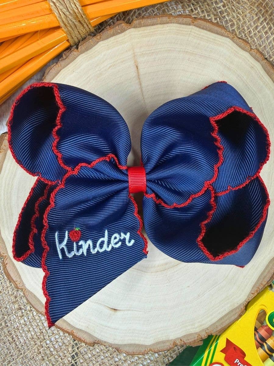 Navy Kinder Grade Embroidered Apple Moonstitch Hair Bow: Kindergarten