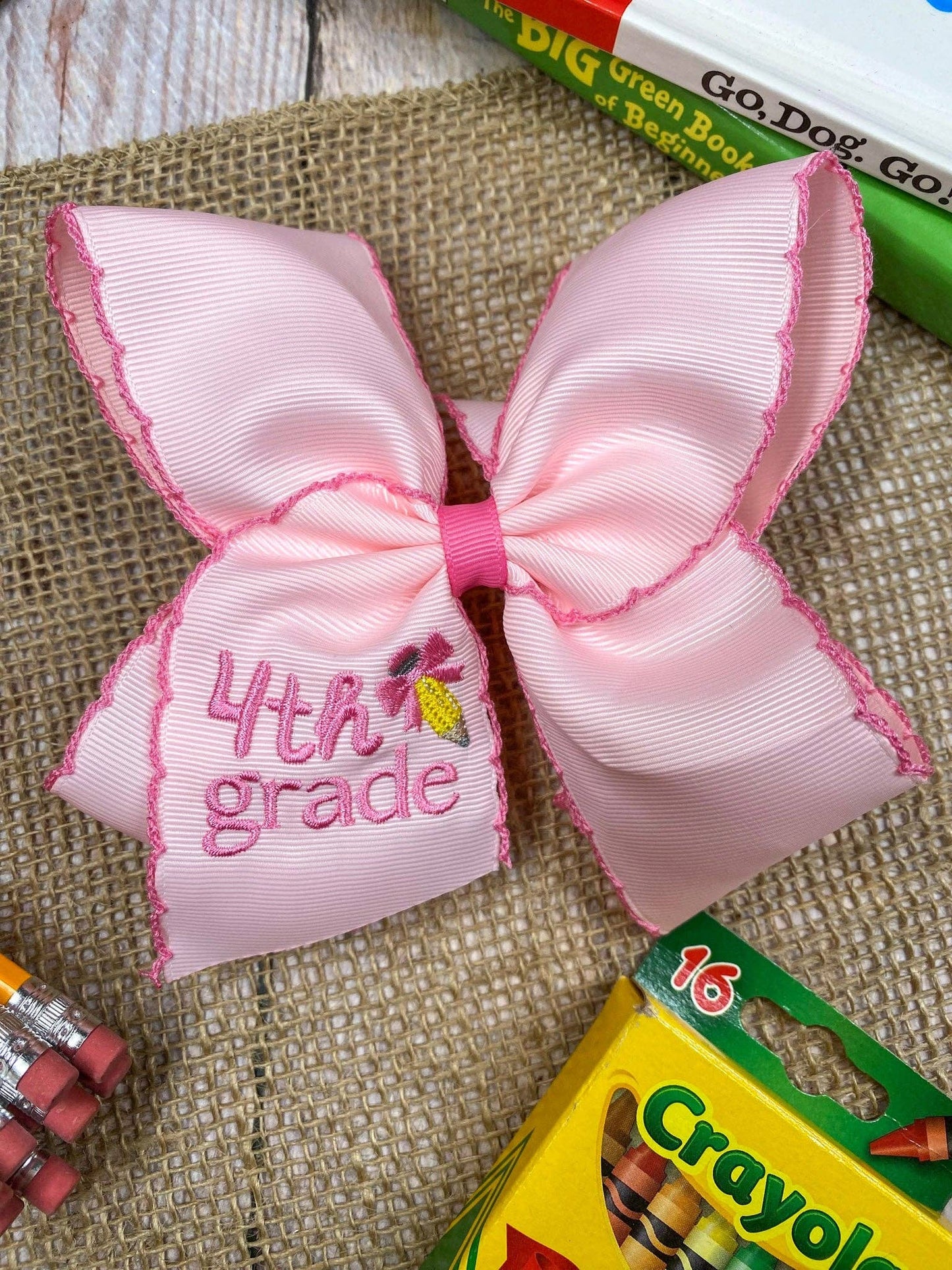 Pink Pre-K School Grade Embroidered Moonstitch Hair Bow: Pre-K