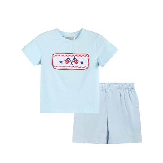 Light Blue USA Flag Smocked Boys Short Set