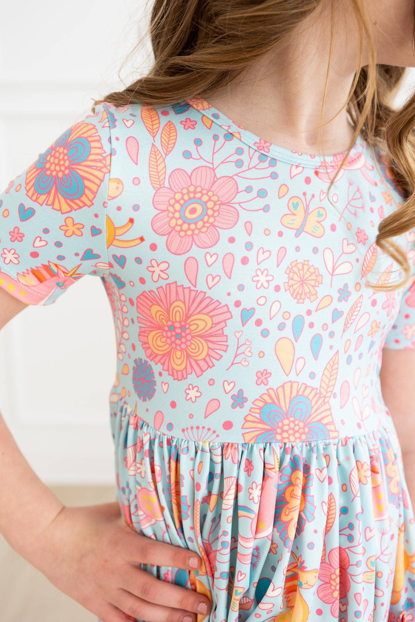 Blue and Pink Retro Unicorns Girls Pocket Twirl Dress